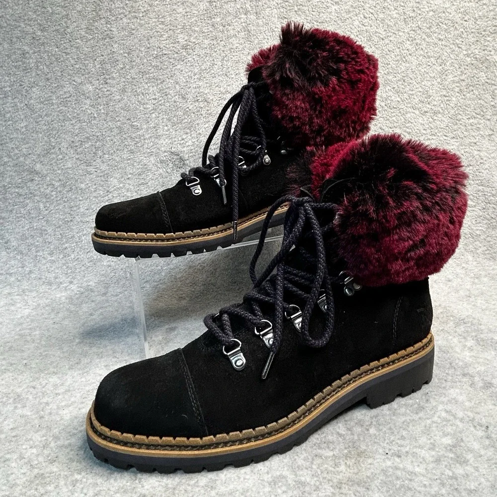 New Sam Edelman‎ Black Suede Boots Women's 9 Bowen Pink Wine Faux Fur Lug Sole